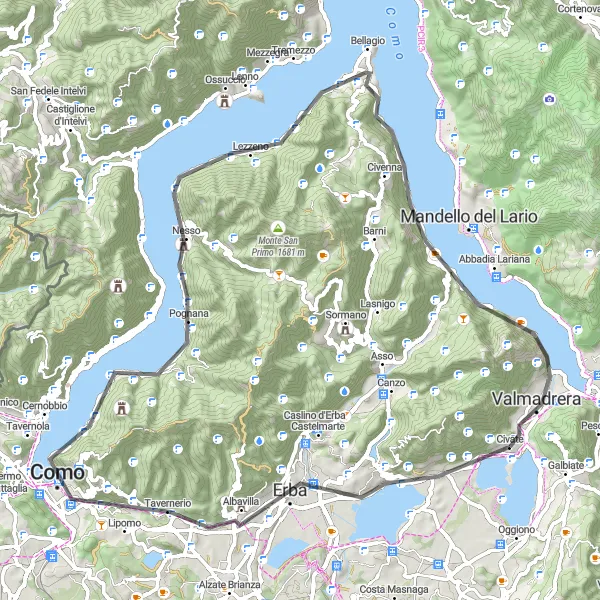 Karten-Miniaturansicht der Radinspiration "Hügelige Straßen um Civate" in Lombardia, Italy. Erstellt vom Tarmacs.app-Routenplaner für Radtouren