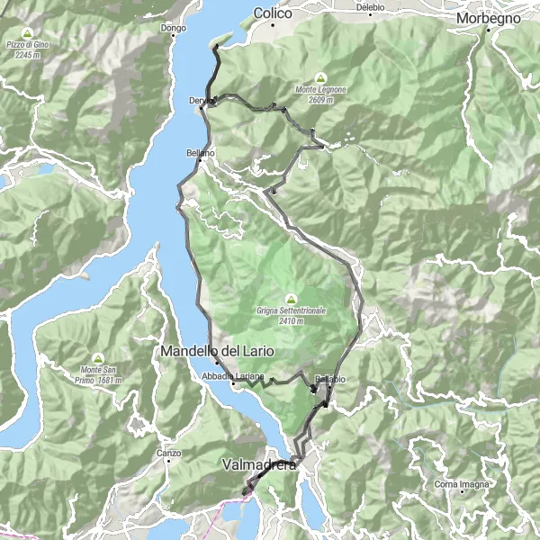 Zemljevid v pomanjšavi "Krožna kolesarska pot okoli jezera Como" kolesarske inspiracije v Lombardia, Italy. Generirano z načrtovalcem kolesarskih poti Tarmacs.app