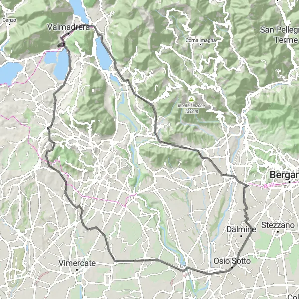 Miniatura della mappa di ispirazione al ciclismo "Colline e panorami intorno a Lecco" nella regione di Lombardia, Italy. Generata da Tarmacs.app, pianificatore di rotte ciclistiche