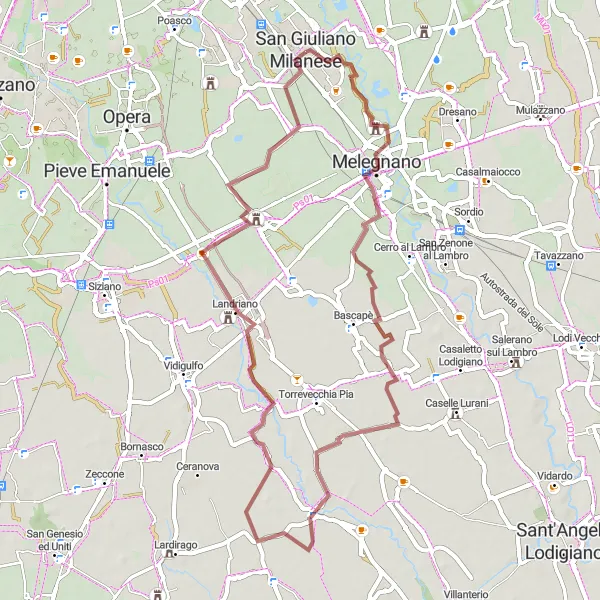 Miniatura della mappa di ispirazione al ciclismo "Percorso in Gravel da Civesio a San Giuliano Milanese" nella regione di Lombardia, Italy. Generata da Tarmacs.app, pianificatore di rotte ciclistiche