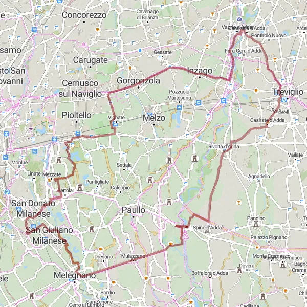 Miniatura della mappa di ispirazione al ciclismo "Gravel Route attraverso Groppello d'Adda e Rocca Brivio" nella regione di Lombardia, Italy. Generata da Tarmacs.app, pianificatore di rotte ciclistiche
