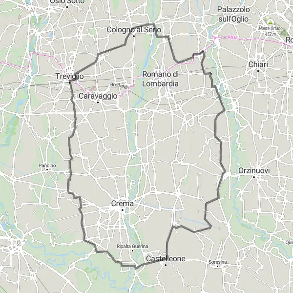 Miniaturní mapa "Trasa Pumenengo-Cividate al Piano" inspirace pro cyklisty v oblasti Lombardia, Italy. Vytvořeno pomocí plánovače tras Tarmacs.app