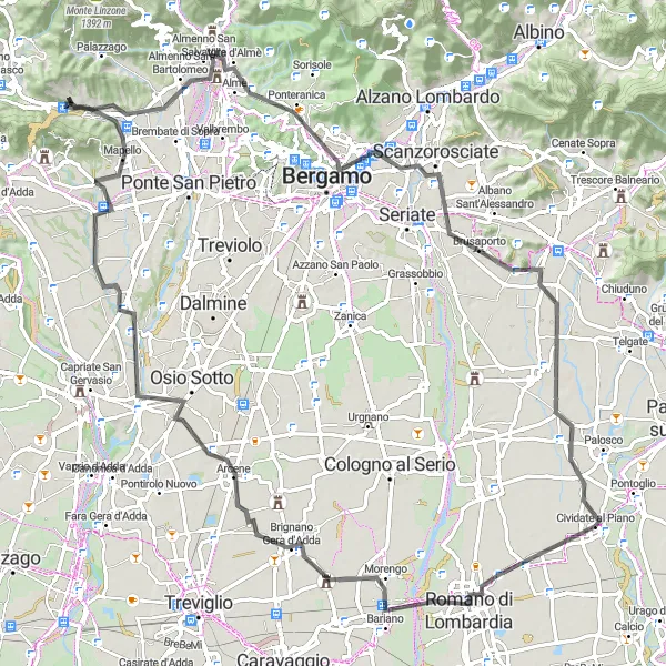 Kartminiatyr av "Romano di Lombardia - Colle Alto o Colle San Geminiano Road Challenge" cykelinspiration i Lombardia, Italy. Genererad av Tarmacs.app cykelruttplanerare