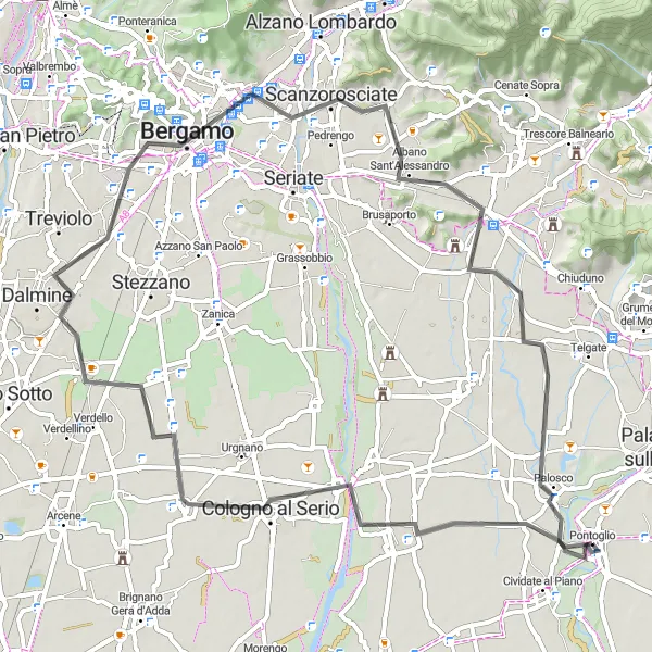 Miniatura della mappa di ispirazione al ciclismo "Circuito ciclistico da Cividate al Piano a Pontoglio" nella regione di Lombardia, Italy. Generata da Tarmacs.app, pianificatore di rotte ciclistiche