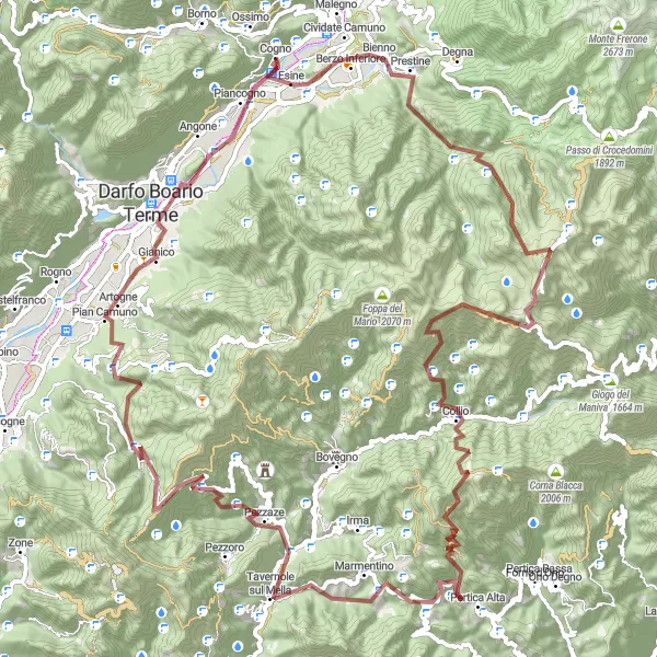 Miniaturní mapa "Gravel Expedition k Pezzaze" inspirace pro cyklisty v oblasti Lombardia, Italy. Vytvořeno pomocí plánovače tras Tarmacs.app
