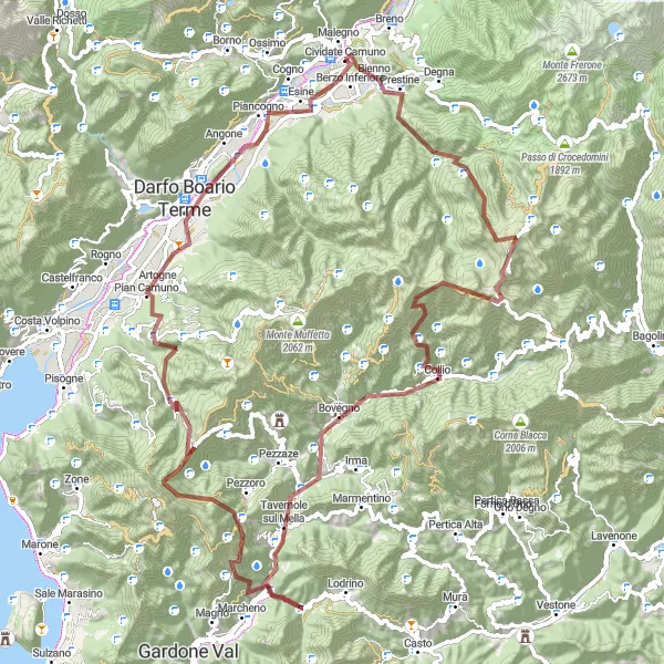 Zemljevid v pomanjšavi "Raznolikost terenov med kolesarjenjem v okolici Cividate Camuno" kolesarske inspiracije v Lombardia, Italy. Generirano z načrtovalcem kolesarskih poti Tarmacs.app