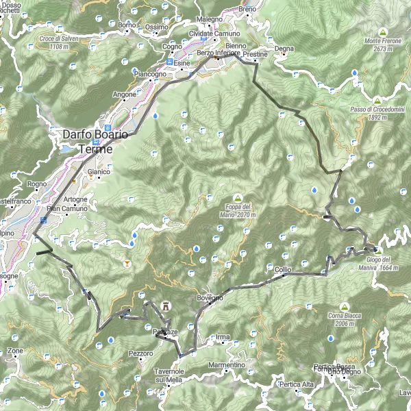 Mapa miniatúra "Challenging road loop from Cividate Camuno" cyklistická inšpirácia v Lombardia, Italy. Vygenerované cyklistickým plánovačom trás Tarmacs.app