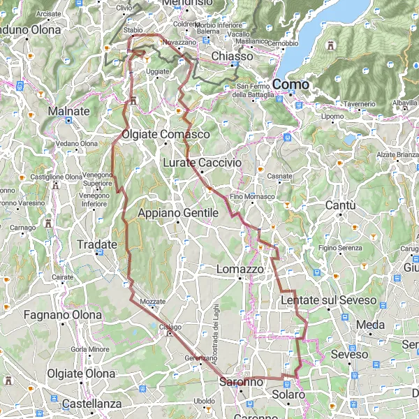 Miniature de la carte de l'inspiration cycliste "Voie gravier de Clivio à Montalbano" dans la Lombardia, Italy. Générée par le planificateur d'itinéraire cycliste Tarmacs.app