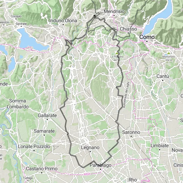 Miniature de la carte de l'inspiration cycliste "Parcours de 103 km à vélo près de Clivio" dans la Lombardia, Italy. Générée par le planificateur d'itinéraire cycliste Tarmacs.app