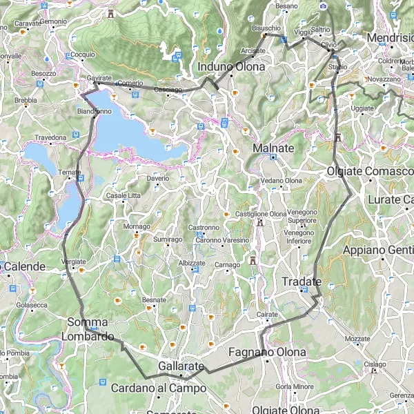 Miniatura della mappa di ispirazione al ciclismo "Giro in bicicletta attraverso laghi e montagne" nella regione di Lombardia, Italy. Generata da Tarmacs.app, pianificatore di rotte ciclistiche