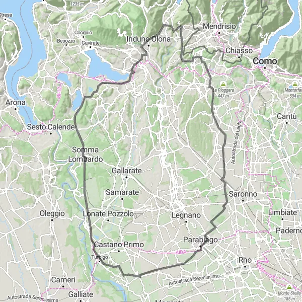 Map miniature of "The Viggiù Loop" cycling inspiration in Lombardia, Italy. Generated by Tarmacs.app cycling route planner