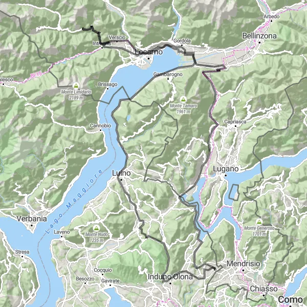 Kartminiatyr av "Landsbyer ved Lago Maggiore" sykkelinspirasjon i Lombardia, Italy. Generert av Tarmacs.app sykkelrutoplanlegger