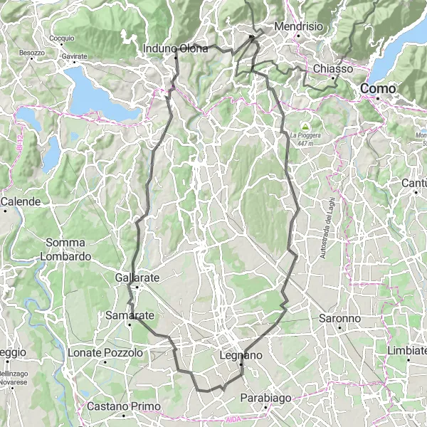 Miniatua del mapa de inspiración ciclista "Ruta por Montalbano y Varese" en Lombardia, Italy. Generado por Tarmacs.app planificador de rutas ciclistas