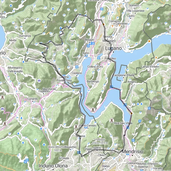 Zemljevid v pomanjšavi "Kolesarska pot okoli Luganskega jezera" kolesarske inspiracije v Lombardia, Italy. Generirano z načrtovalcem kolesarskih poti Tarmacs.app