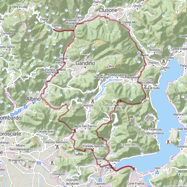 Kartminiatyr av "Grus sykkel tur til Monte Sega og Colle Gallo" sykkelinspirasjon i Lombardia, Italy. Generert av Tarmacs.app sykkelrutoplanlegger