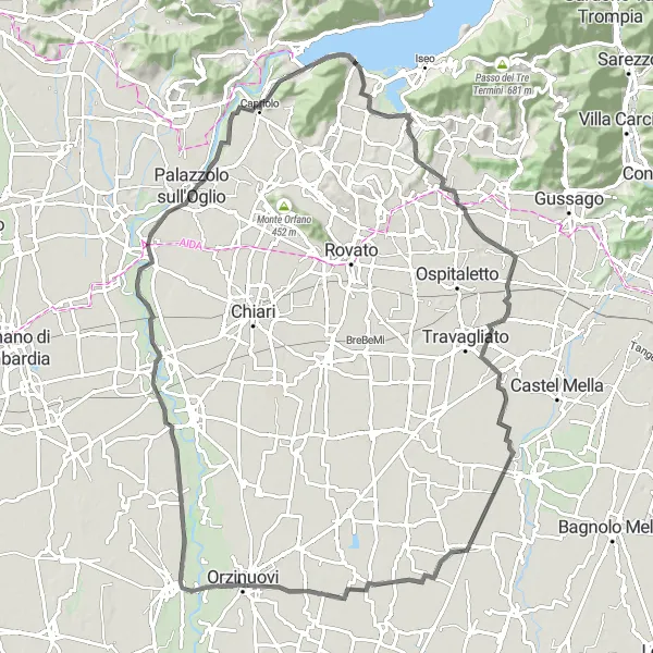 Mapa miniatúra "Cyklistická trasa skrz Orzinuovi" cyklistická inšpirácia v Lombardia, Italy. Vygenerované cyklistickým plánovačom trás Tarmacs.app