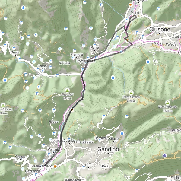 Zemljevid v pomanjšavi "Kolesarjenje v naravi blizu Clusone" kolesarske inspiracije v Lombardia, Italy. Generirano z načrtovalcem kolesarskih poti Tarmacs.app