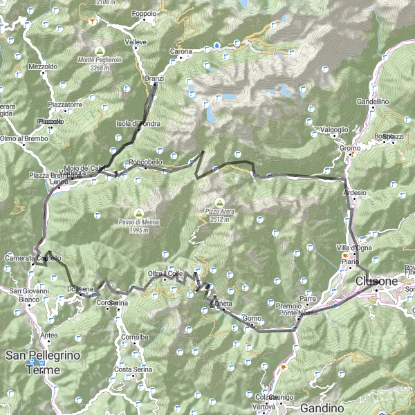 Miniaturní mapa "Výlet na kole okolo Clusone - Corna Piana - Roncobello" inspirace pro cyklisty v oblasti Lombardia, Italy. Vytvořeno pomocí plánovače tras Tarmacs.app