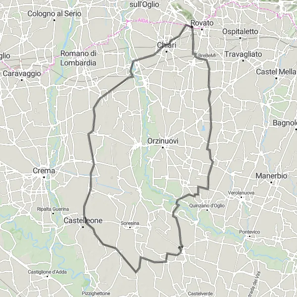 Mapa miniatúra "Cyklotúra okolo Coccaglia a Castelvisconti" cyklistická inšpirácia v Lombardia, Italy. Vygenerované cyklistickým plánovačom trás Tarmacs.app