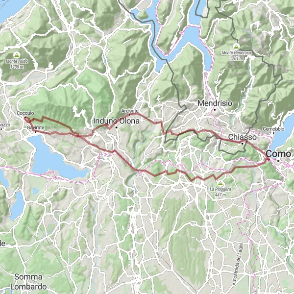 Kartminiatyr av "Grusväg till Malnate och Casciago" cykelinspiration i Lombardia, Italy. Genererad av Tarmacs.app cykelruttplanerare