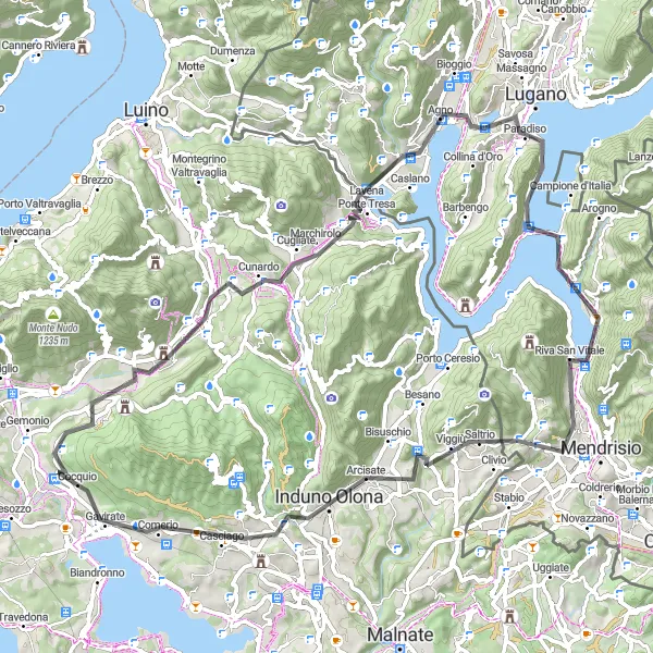 Miniatua del mapa de inspiración ciclista "Ruta en carretera por Gavirate y Monte San Salvatore" en Lombardia, Italy. Generado por Tarmacs.app planificador de rutas ciclistas