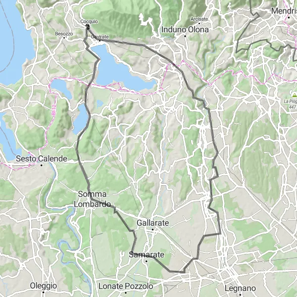 Kartminiatyr av "Cocquio-Varese-Cairate-Cardano al Campo-Biandronno-Lake Varese-Cocquio" sykkelinspirasjon i Lombardia, Italy. Generert av Tarmacs.app sykkelrutoplanlegger