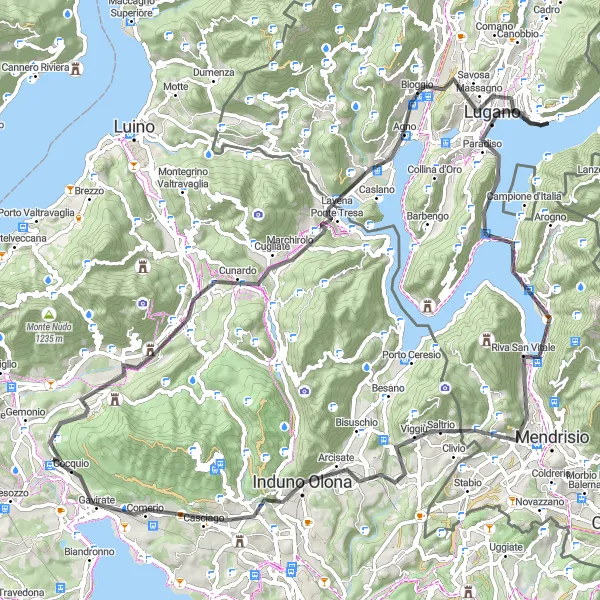 Miniature de la carte de l'inspiration cycliste "Défi des Collines aux Lacs" dans la Lombardia, Italy. Générée par le planificateur d'itinéraire cycliste Tarmacs.app