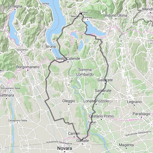 Miniatua del mapa de inspiración ciclista "Ruta en carretera alrededor de Cocquio" en Lombardia, Italy. Generado por Tarmacs.app planificador de rutas ciclistas