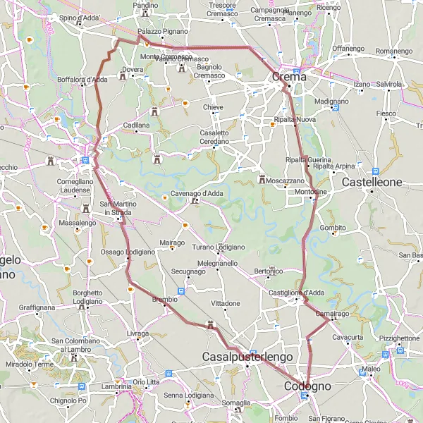 Miniatua del mapa de inspiración ciclista "Ruta de Gravel Codogno - Brembio - Lodi - Crema - Castiglione d'Adda - Codogno" en Lombardia, Italy. Generado por Tarmacs.app planificador de rutas ciclistas