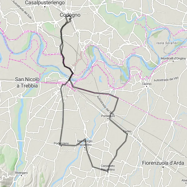 Miniaturní mapa "Asi 80km okruh přes Piacenzu a Palazzo Farnese" inspirace pro cyklisty v oblasti Lombardia, Italy. Vytvořeno pomocí plánovače tras Tarmacs.app