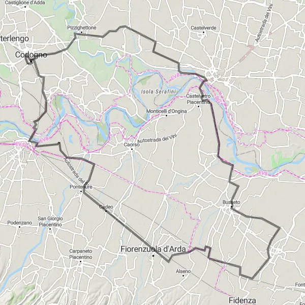 Miniaturní mapa "Road to Busseto" inspirace pro cyklisty v oblasti Lombardia, Italy. Vytvořeno pomocí plánovače tras Tarmacs.app