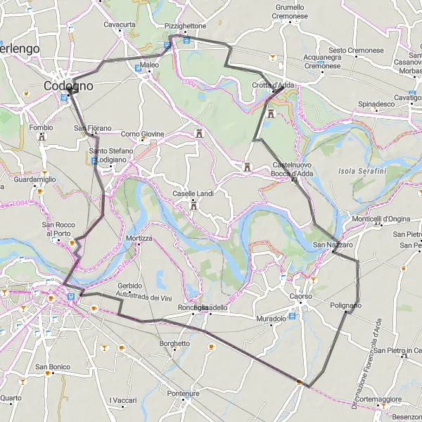 Miniatura della mappa di ispirazione al ciclismo "Giro in bici da Codogno a Piacenza e ritorno" nella regione di Lombardia, Italy. Generata da Tarmacs.app, pianificatore di rotte ciclistiche