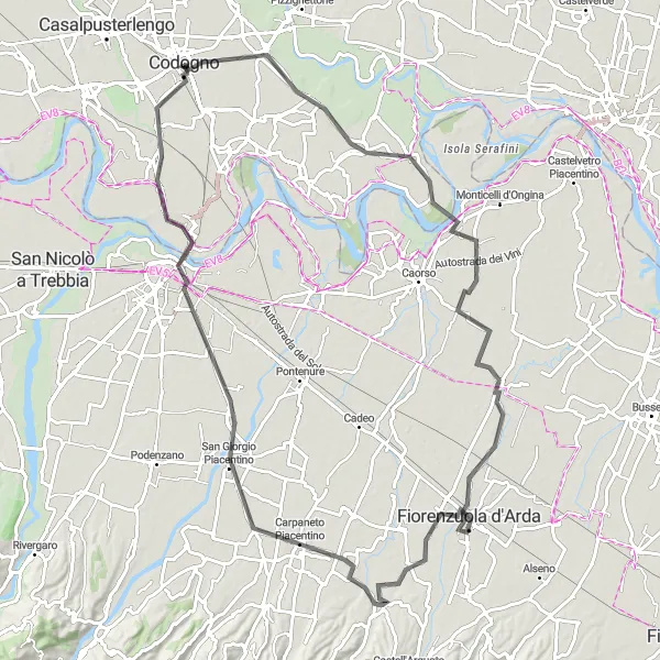 Miniatura della mappa di ispirazione al ciclismo "Giro in bicicletta tra Codogno e altre località" nella regione di Lombardia, Italy. Generata da Tarmacs.app, pianificatore di rotte ciclistiche