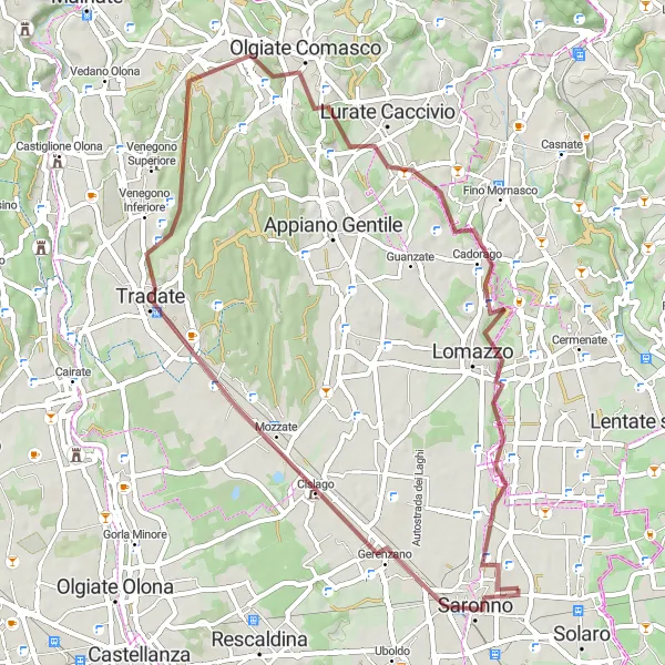 Miniature de la carte de l'inspiration cycliste "Parcours gravel de Gerenzano à Rovellasca" dans la Lombardia, Italy. Générée par le planificateur d'itinéraire cycliste Tarmacs.app