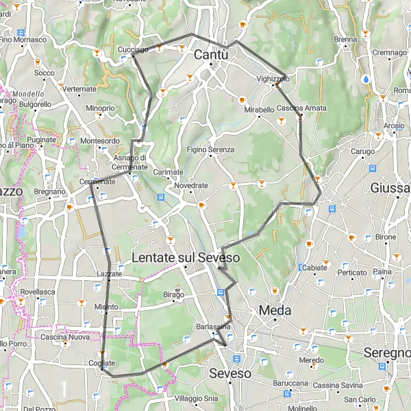 Map miniature of "Scenic Road Ride to Lazzate and Seveso" cycling inspiration in Lombardia, Italy. Generated by Tarmacs.app cycling route planner