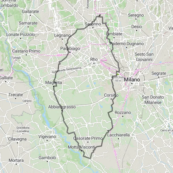 Miniaturní mapa "Okruh Ceriano Laghetto-Cascina Traversagna-Monte Stella-Binasco-Bereguardo-Abbiategrasso-Parabiago-Uboldo" inspirace pro cyklisty v oblasti Lombardia, Italy. Vytvořeno pomocí plánovače tras Tarmacs.app