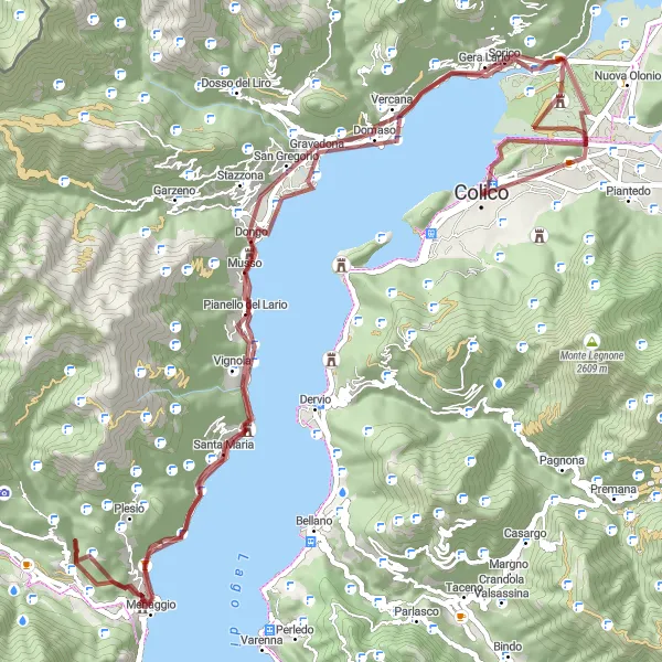 Miniatua del mapa de inspiración ciclista "Ruta de Grava de Colico a Menaggio y Domaso" en Lombardia, Italy. Generado por Tarmacs.app planificador de rutas ciclistas