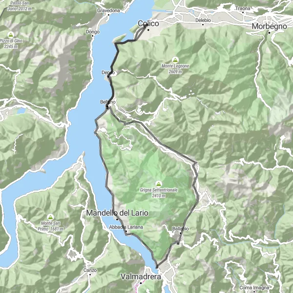 Map miniature of "The Lake Como Loop" cycling inspiration in Lombardia, Italy. Generated by Tarmacs.app cycling route planner