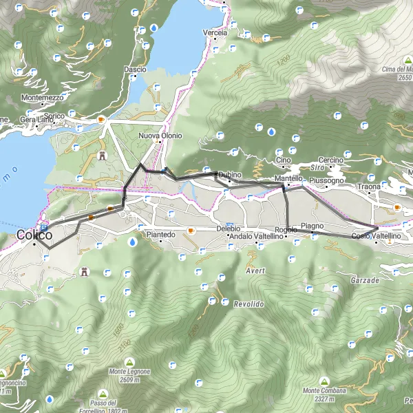 Miniaturní mapa "Krátká cyklistická trasa okolo Colico" inspirace pro cyklisty v oblasti Lombardia, Italy. Vytvořeno pomocí plánovače tras Tarmacs.app