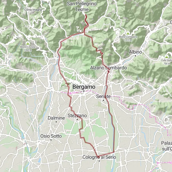 Mapa miniatúra "Gravelový okruh so strmými stúpaniami" cyklistická inšpirácia v Lombardia, Italy. Vygenerované cyklistickým plánovačom trás Tarmacs.app