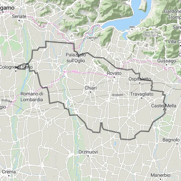 Zemljevid v pomanjšavi "Raznolika cestna pustolovščina" kolesarske inspiracije v Lombardia, Italy. Generirano z načrtovalcem kolesarskih poti Tarmacs.app