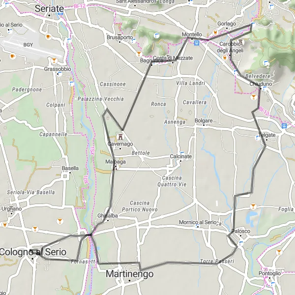 Miniatura della mappa di ispirazione al ciclismo "Tour ciclistico tra Bagnatica e Cologno al Serio" nella regione di Lombardia, Italy. Generata da Tarmacs.app, pianificatore di rotte ciclistiche