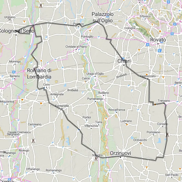 Miniatua del mapa de inspiración ciclista "Ruta de ciclo turismo desde Cologno al Serio" en Lombardia, Italy. Generado por Tarmacs.app planificador de rutas ciclistas