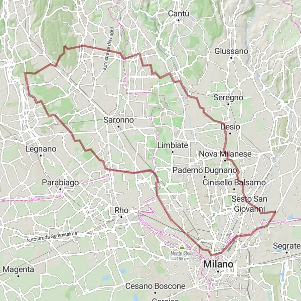 Karttaminiaatyyri "100 km Gravel Bike Tour around Cologno Monzese" pyöräilyinspiraatiosta alueella Lombardia, Italy. Luotu Tarmacs.app pyöräilyreittisuunnittelijalla