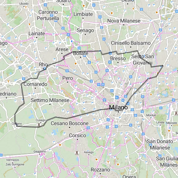 Zemljevid v pomanjšavi "Kolesarjenje po Milanu in okolici" kolesarske inspiracije v Lombardia, Italy. Generirano z načrtovalcem kolesarskih poti Tarmacs.app