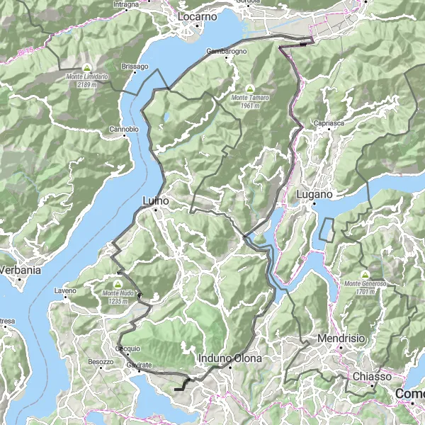 Miniatura della mappa di ispirazione al ciclismo "Tour panoramico tra Comerio e Luino" nella regione di Lombardia, Italy. Generata da Tarmacs.app, pianificatore di rotte ciclistiche