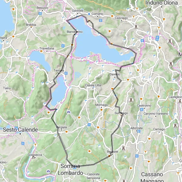Map miniature of "The Tinella Path" cycling inspiration in Lombardia, Italy. Generated by Tarmacs.app cycling route planner