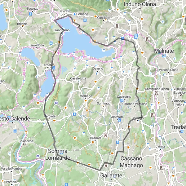Zemljevid v pomanjšavi "Potovanje skozi pokrajino ob jezeru Comabbio" kolesarske inspiracije v Lombardia, Italy. Generirano z načrtovalcem kolesarskih poti Tarmacs.app