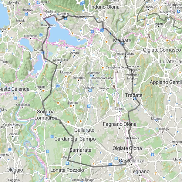 Miniaturní mapa "Okruh kolem jezera Varese" inspirace pro cyklisty v oblasti Lombardia, Italy. Vytvořeno pomocí plánovače tras Tarmacs.app