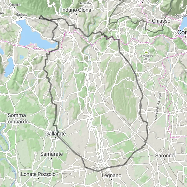 Map miniature of "Olona and Monte Morone Loop (Road)" cycling inspiration in Lombardia, Italy. Generated by Tarmacs.app cycling route planner